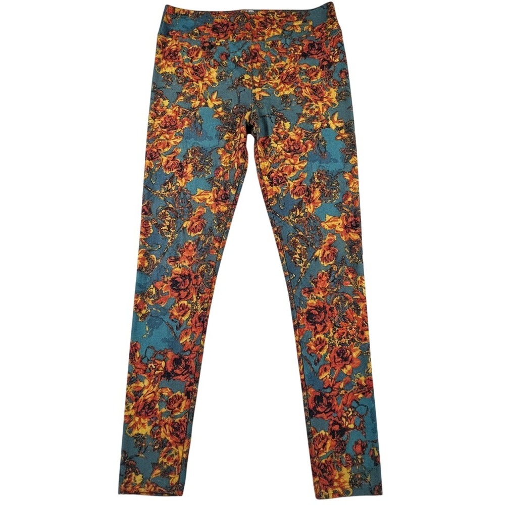 LuLaRoe Tall & Curvy Leggings Teal Orange Yellow Floral Rose Print Stretch TC